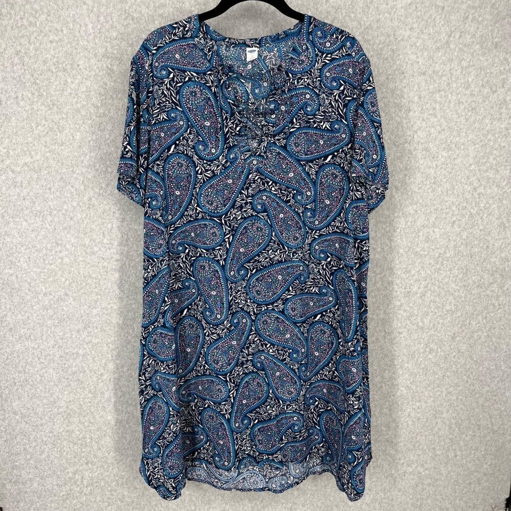Old Navy SS Lace Up Shift Dress Size L Black Blue Paisley Casual Beach NEW